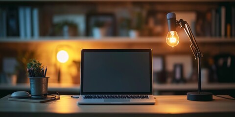 A laptop computer sits on a desk with a lamp and a pencil holder in the background.