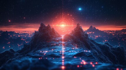 Poster - Digital Mountainscape with Starry Sky and Glowing Lights