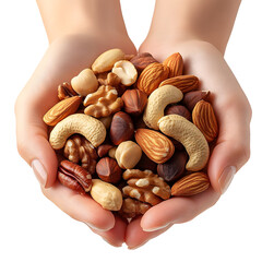 A Variety of Nuts Held in Hands, Including Almonds, Cashews, Walnuts, Hazelnuts, and Pecans, Isolated on a Transparent Background