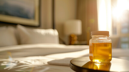 small jar of honey in close-up on the breakfast table on the background of the bed