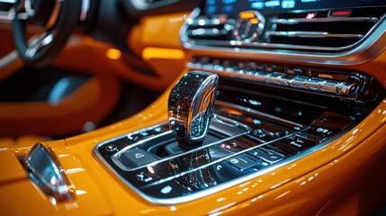 Close-up of a car's interior with a gear stick