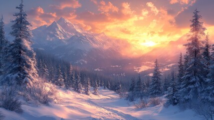 Sticker - Snowy Mountain Landscape at Sunset