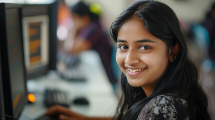 Ethnic Indian girl is sitting at computer Young Woman Programming Software in Office