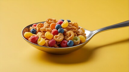 A spoon full of colorful cereals on yellow background