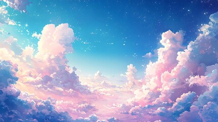 A serene sky filled with fluffy clouds in pastel shades of pink and blue, evoking a sense of tranquility and calmness.