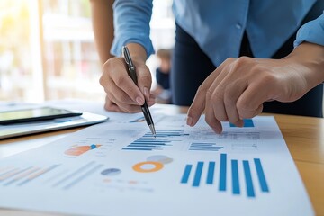 Poster - Close-up of a person's hand pointing at a bar graph on a sheet of paper while holding a pen.