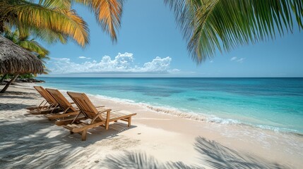 Canvas Print - Relaxing Beach Scene with Palm Trees and Loungers