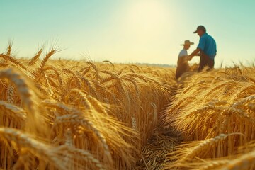 Generative AI Image of Two Man Workers at Unharvested Fertile Rice Field Bright Day Wallpaper