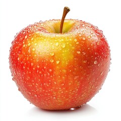 A single red apple with water droplets on its surface, isolated on a white background.