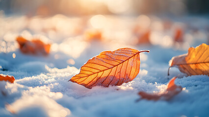 Wall Mural - There are some brown leaves in the snow with a bright sun behind.