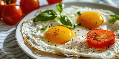 Poster - Close-up of circular fried eggs and tomatoes served on a white plate atop a table covering.