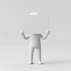 Wall Mural - A simple white 3D character is holding a blank white sign.