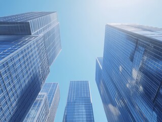 Fototapete - Low angle view of tall modern office buildings reaching towards a bright blue sky.