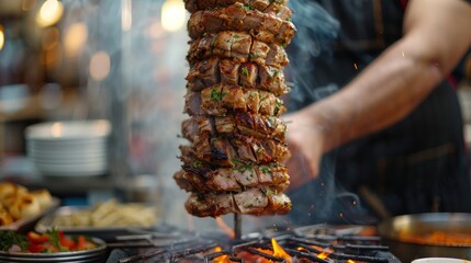 Wall Mural - Vendor grilling shawarma meat at a traditional Turkish kiosk, street food preparation