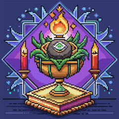 Pixel Art Magic Potion with Mystic Eye and Candles on Book