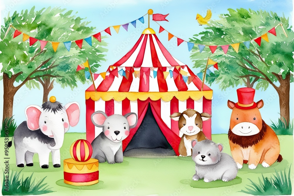 Whimsical Circus Animal Watercolor Illustration for Children Stock ...