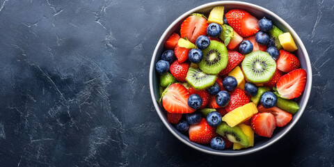 Vibrant fruit salad with strawberries, blueberries, mango, and kiwi on a dark background. Perfect for any time of day, packed with vitamins and antioxidants. Top-down view shows ripe, juicy fruits