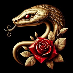 Wall Mural - A stylized gold beautiful Snake head, A single red diamond rose with gold leaves is positioned beside the head, black background