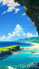 anime clear blue skies above seaside cliffs background art design backdrop