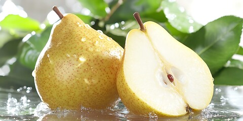 Realistic, bright red delicious pear, with a cut in half, white background, with advertising poster style, with realistic photos of water droplets, in yellow and green tones.