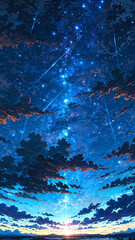 Wall Mural - anime clouds parting to reveal radiant stars background art design backdrop