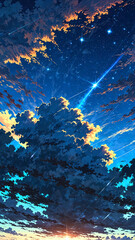 Wall Mural - anime clouds parting to reveal radiant stars background art design backdrop