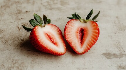 Two Halved Strawberries on a Grey Background