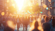 © YM Creative Studio - Large Urban Crowd Walking Through Sunlit City Streets During Golden Hour with Soft Bokeh, Capturing the Dynamic Energy, Movement, and Warm Atmosphere of Vibrant Urban Life