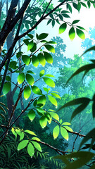 Wall Mural - anime morning dew sparkling on forest leaves background art design backdrop