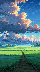 Poster - anime morning fog blanketing quiet countryside fields background art design backdrop