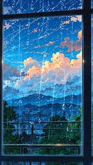 Wall Mural - anime rain droplets trickling down glass window background art design backdrop