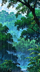 Canvas Print - anime rain falling heavily over dense jungle background art design backdrop