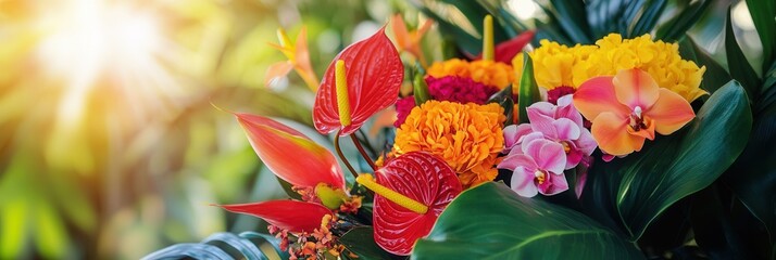 Aufkleber - A colorful display of tropical flowers, including orchids and birds of paradise, brightens up the space with vivid hues and lush greenery. Generative AI