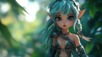 A 3D rendering of a beautiful elf girl with blue hair and eyes, wearing a leather harness, looking surprised against a green forest backdrop.