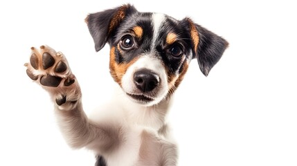 Adorable puppy standing on hind legs, playfully waving front paws, isolated on a white background, showcasing playful and energetic behavior, perfect for pet-related themes and family-friendly content