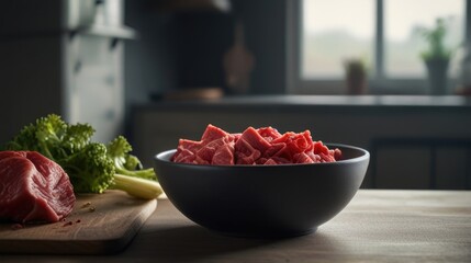 Fresh raw beef meat in a bowl with a kitchen background