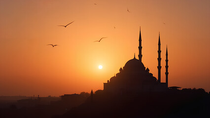 The silhouette of the mosque against the sunset A banner for Islamic holidays with copy spase