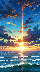 Sticker - anime sun breaking through clouds over ocean background art design backdrop