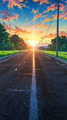 Wall Mural - anime sunlight beaming down over empty road background art design backdrop