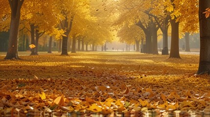 Wall Mural - Golden autumn scene in a park with falling leaves