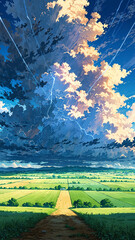 Canvas Print - anime thunder rumbling over empty farmland fields background art design backdrop