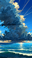 Poster - anime thunderstorm over vast open sea horizon background art design backdrop