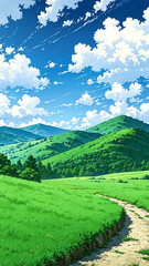 Sticker - anime warm breeze blowing through grassy hills background art design backdrop