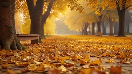 Wall Mural - Golden autumn scene in a park with falling leaves