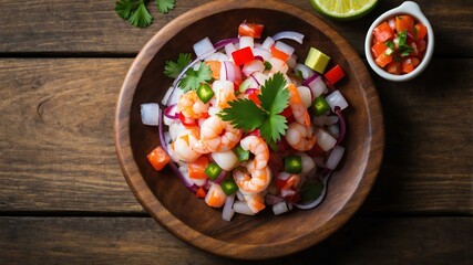 Wall Mural - mexican seafood dish ceviche isolated on a wooden plate, concept for advertisement background