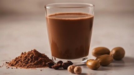 A glass of chocolate milk with cocoa powder, coffee beans, chickpeas, and green olives on a white surface.