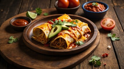 Wall Mural - mexican main dish enchiladas isolated on a wooden plate, concept for advertisement background