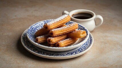 Wall Mural - mexican desserts dish churros isolated on a ceramic plate, concept for advertisement background