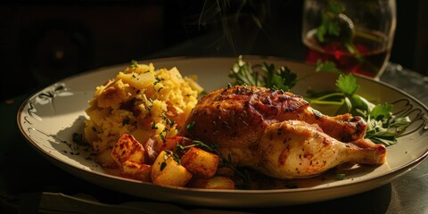 Wall Mural - Dish of Roasted Chicken Leg Accompanied by Hash Browns