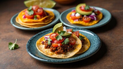 Wall Mural - mexican appetizers dish tostadas isolated on an aesthetic plating, concept for advertisement background